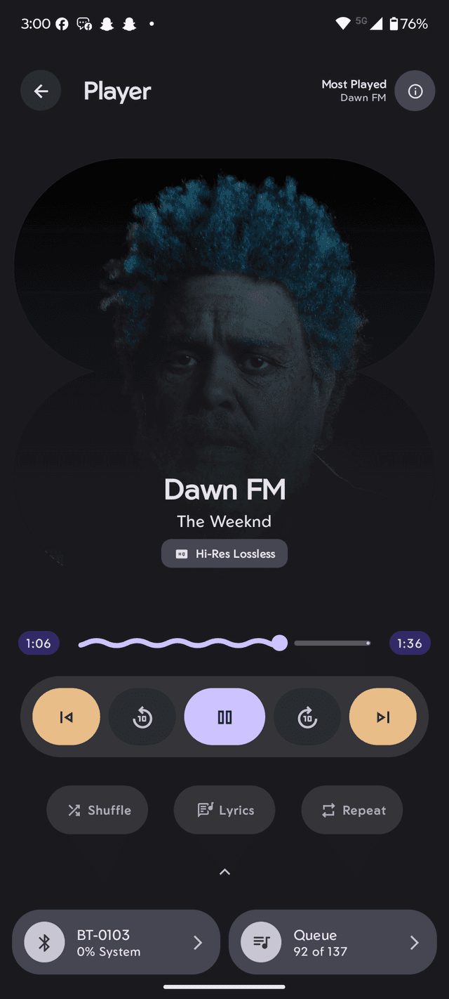 NevPlay now playing screen with Material You theming